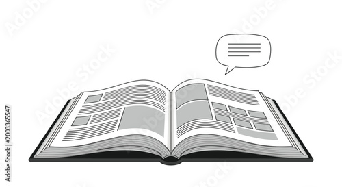 Open book with a speech bubble appearing from its pages represents reading, learning, education, and the power of storytelling.