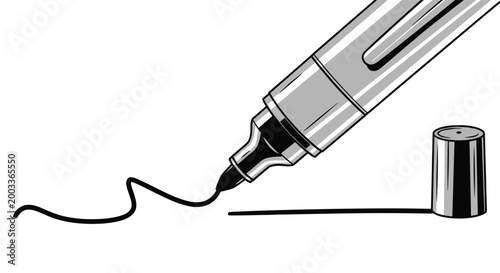 Large black marker pen drawing a wavy line on a white surface illustrates creativity, writing, and administrative tasks.