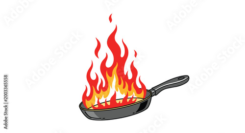 Black frying pan with large red and orange flames depicting a dangerous kitchen grease fire or intense professional cooking.