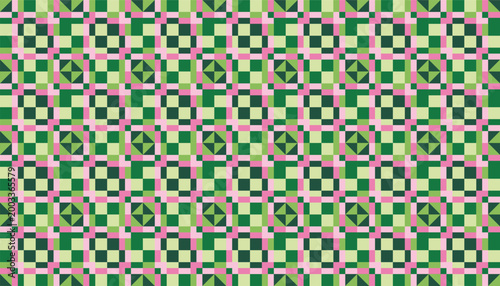 Modern decorative mosaic pattern featuring repetitive colorful squares and triangles. Seamless tileable wallpaper in shades of green for creative packaging and prints.