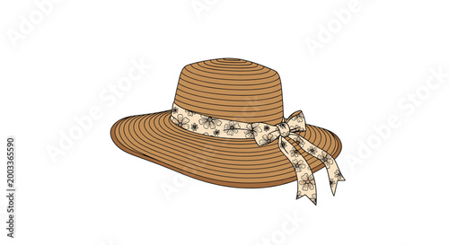 Elegant wide-brimmed straw hat decorated with a floral ribbon bow is an essential accessory for sun protection and summer style.