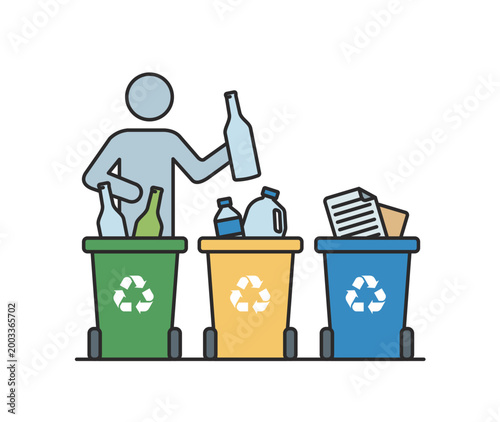 Man sorting household waste into colorful recycle bins for glass plastic and paper.