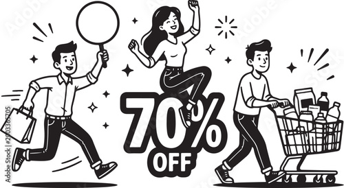 Happy people shopping with a 70 percent off discount sale promotion