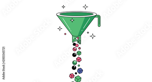 Large green funnel processes various colorful geometric shapes including spheres and cubes while they fall through it.