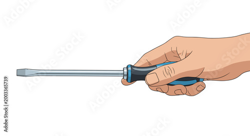 Human hand holding a long flat-head screwdriver with a blue and black handle ready for mechanical work and home repairs.