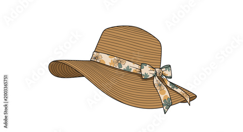 Stylish floppy sun hat with a wide brim and a floral patterned bow provides a chic look for beach days and summer travels.