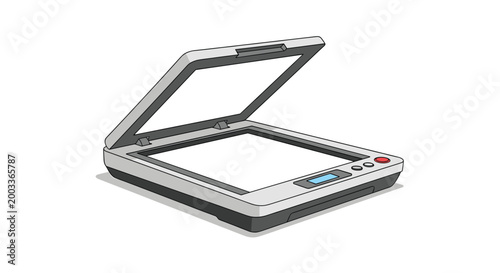 Office flatbed scanner with a grey and black body has its lid open to reveal the large glass scanning area inside.