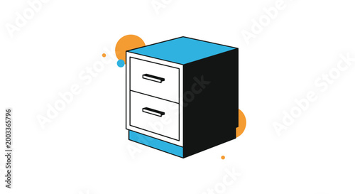 Small blue and black two drawer filing cabinet or bedside nightstand is shown with colorful decorative floating dots.