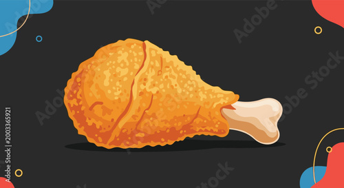 Golden fried chicken drumstick with a crunchy breaded coating is presented as a tempting snack on a dark decorative background.