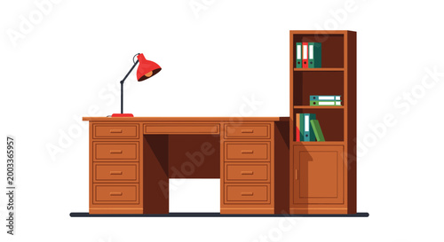 Professional office workspace featuring a large wooden desk, a red desk lamp, and a tall bookshelf filled with colorful file folders.