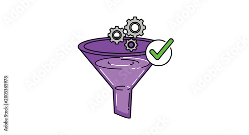 Information or data processing funnel with mechanical gears and a green checkmark signifies successful conversion and system efficiency.