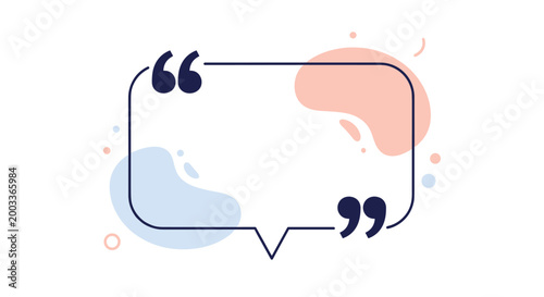 Empty speech bubble with dark quotation marks is set against abstract pastel shapes for a modern testimonial layout.