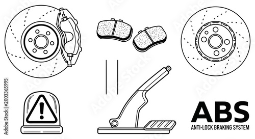 Anti-lock braking system components and warning light illustration