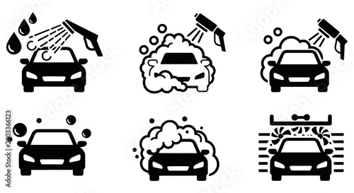 Set of black and white vector graphic icons illustrating various stages of the automatic car washing process
