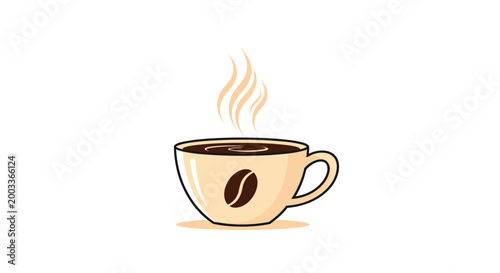 Hot cup of black coffee with a coffee bean emblem on the side and rising steam is shown in a simple vector illustration for cafe themes.