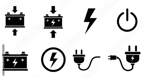 Electric battery charging icons with power symbols and plugs