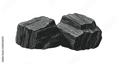 Two irregular pieces of dark gray coal or carbon stone shown together, representing natural resources, fossil fuels, or heating materials.