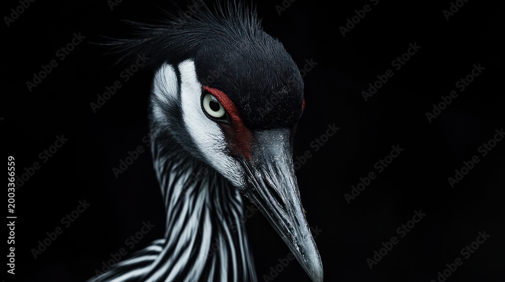 Fototapeta premium Close-up crane portrait against black background. Possible use Nature photography