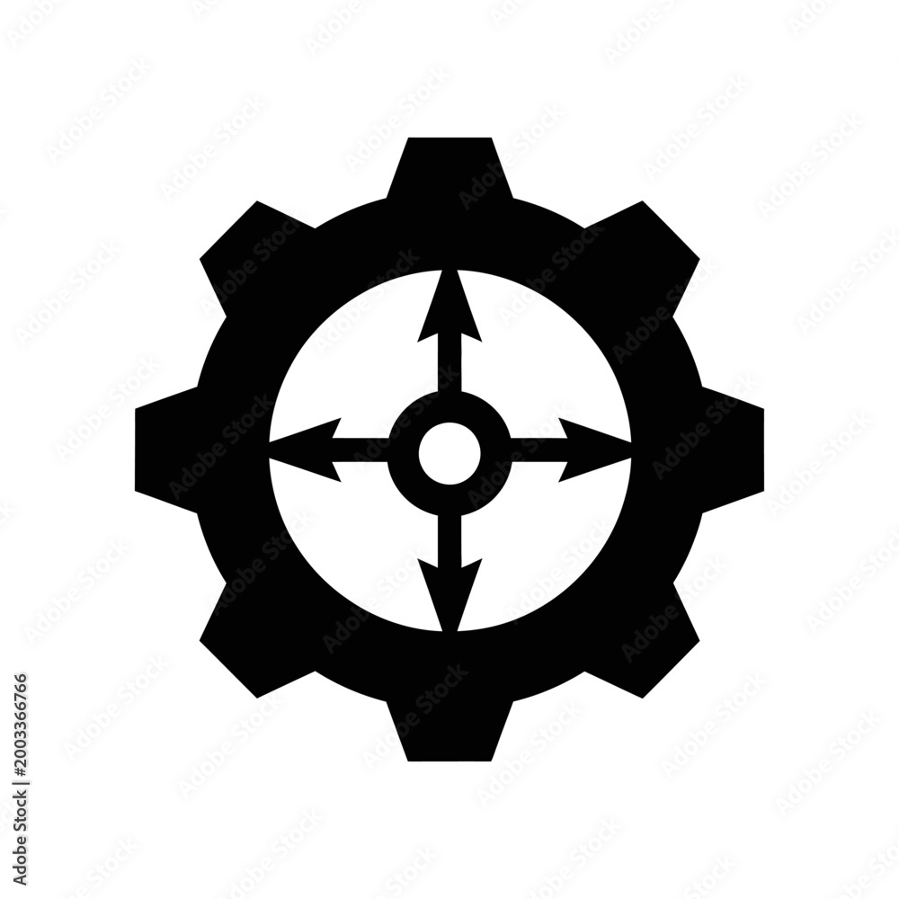 Obraz premium Gear mechanism direction arrows minimalist black white design vector