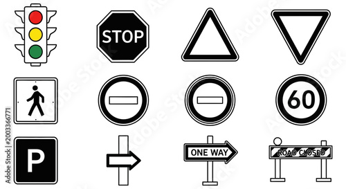 Collection of essential black and white traffic control signs and signals vector set