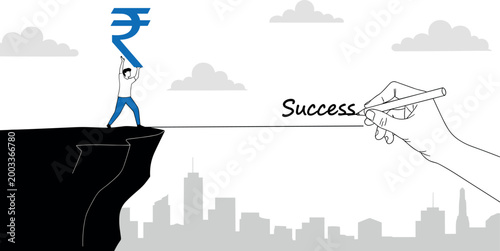 Achieving Success Concept with Hand Drawing Path and Person Holding Currency Symbol for Financial Growth and Goal Setting