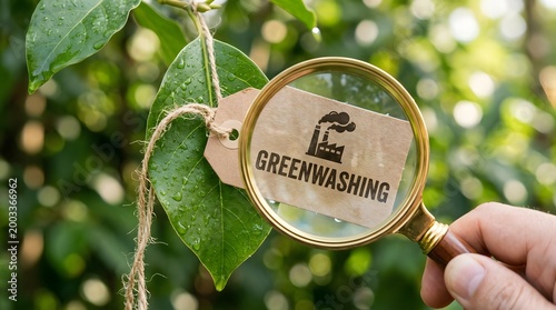 Greenwashing label under magnifying glass on leaf background, environmental marketing scrutiny showing misleading sustainability claims, eco awareness theme highlighting corporate responsibility