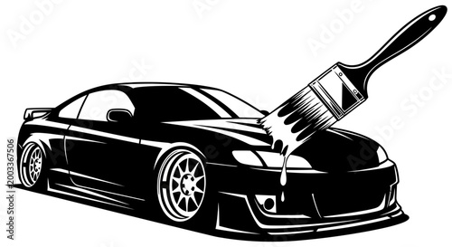 Black car with a paintbrush giving it a fresh coat of paint on the front