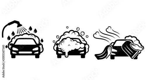 Car wash process stages with water soap and air drying