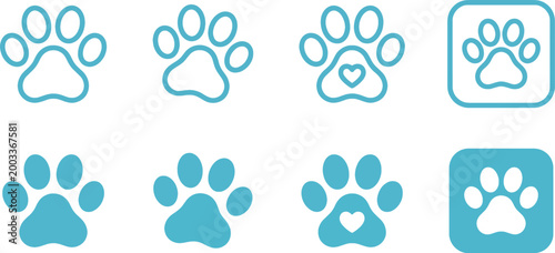 Cyan blue animal paw print icons set, dog and cat footprint silhouettes with heart details isolated on white background.
