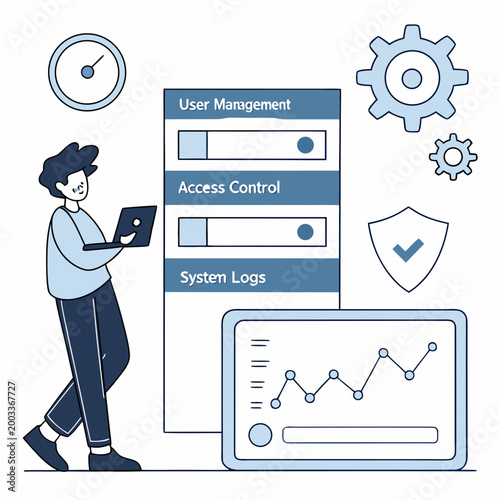 A man using a laptop with user management settings access control