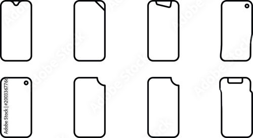 Tableau sur toile Smartphone screen shape templates and mobile phone notch design icons set, modern cellphone display wireframes isolated on white background