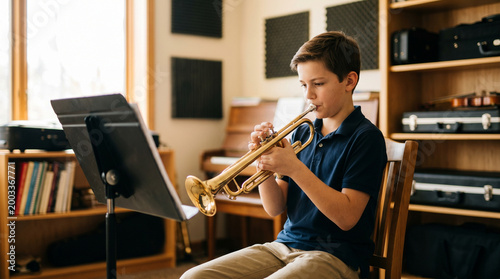 Young boy practicing trumpet in music room with shelves and piano  
