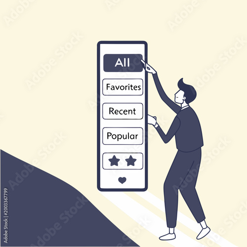 Man interacting with large smartphone screen displaying categories interface