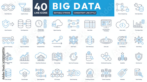 Big Data Icons Set, 40 Editable Line Icons for Data Operations and Analytics