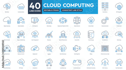 40 Editable Line Icons for Cloud Computing. Cloud Computing Icon Set for Servers, Security, AI, Automation and more Technology
