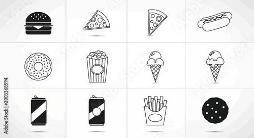 Fast food icons black and white set