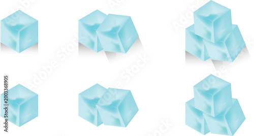 3D vector illustration collection of clear blue ice cubes for refreshing summer cold drinks