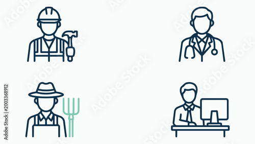 Professional Occupation Avatars Set: Construction Worker, Doctor, Farmer, and Office Worker Icons