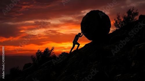 Silhouette pushing giant rock uphill at sunset symbolizing perseverance determination struggle resilience ambition hard work success journey motivation strength against odds dramatic landscape