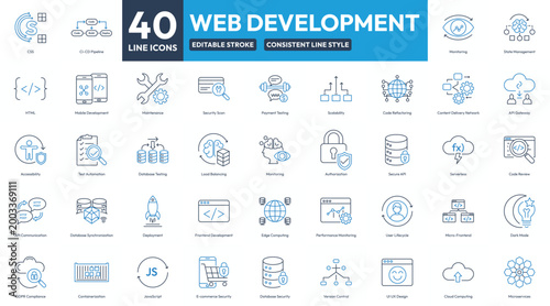 Modern Web Development Icon Set, Editable Stroke Web Development Icon Bundle for Developers, UI/UX, API, Security, Performance, Cloud and Mobile
