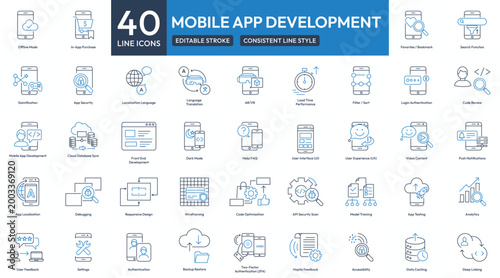 Mobile App Development Line Icons Set. Editable Stroke Outline Mobile App Development Icon Set for UI, UX, Security, Authentication, and App Performance Optimization
