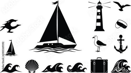 Set of black nautical icons featuring sailboat lighthouse seagull anchor waves and travel suitcase