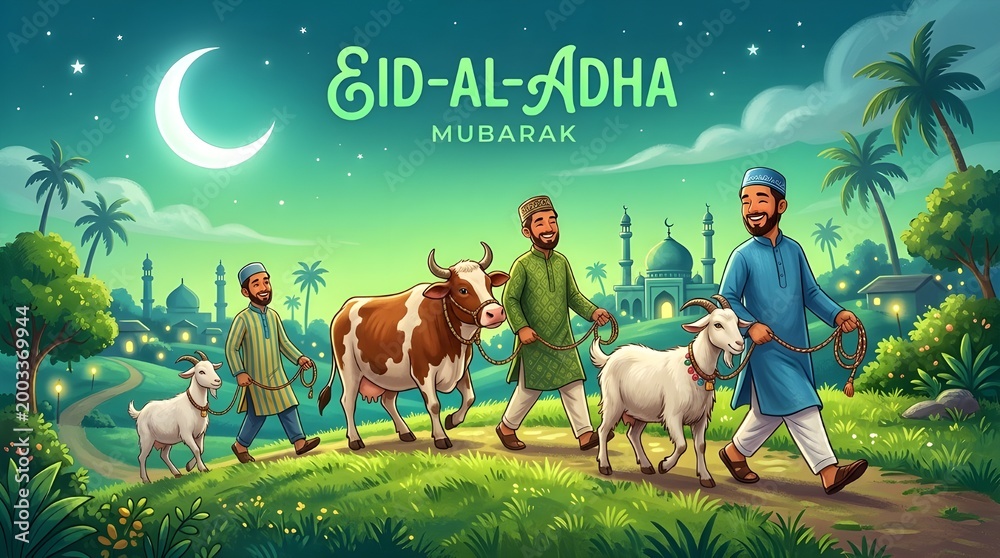 Naklejka premium Eid al-Adha Mubarak: Men walking with animals for sacrifice under crescent moon