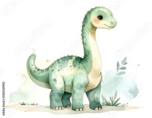 Gentle Giant: This charming illustration showcases a friendly, smiling Brachiosaurus against a soft backdrop, celebrating prehistoric wonder and gentle nature.