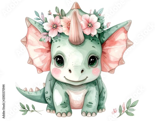 Whimsical Dinosaur Delight: A charming illustration features a cute dinosaur, adorned with a delicate floral crown, evoking a sense of joy and wonder. 