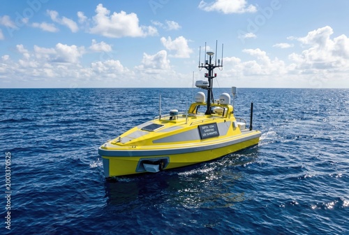 Yellow uncrewed surface vessel equipped with satellite domes and communication antennas