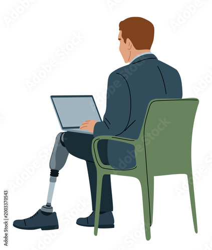 Man in suit sits with laptop. He wears a prosthetic leg, focused on work. Green chair holds him steady, calm and determined. Ideal for themes of resilience, adaptability, or modern progress