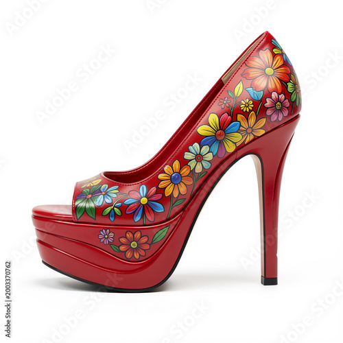 woman footwear, red open toe pump with floral decorations