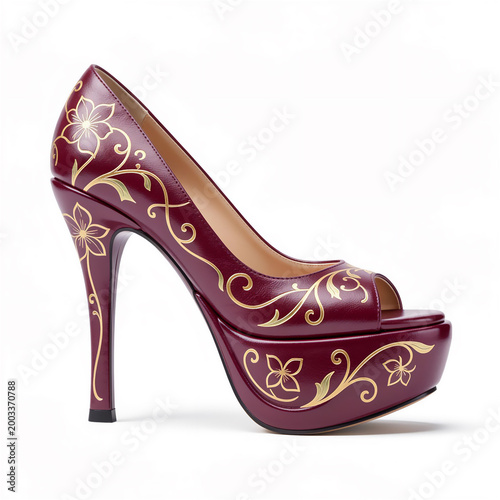woman footwear, open toe bordeaux pump with golden ornaments
