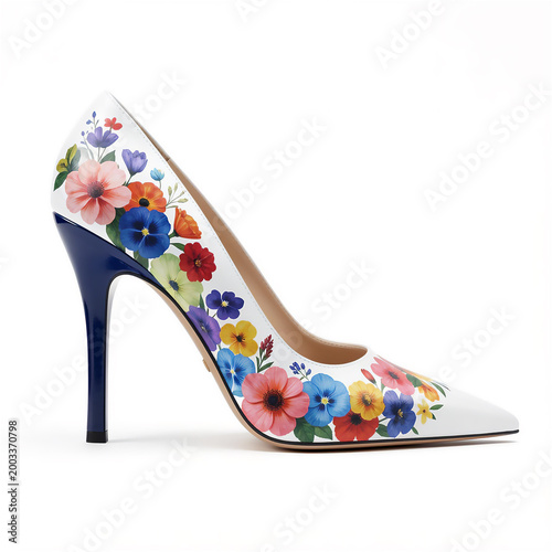 woman footwear, white and blue pump with multicolored floral decorations